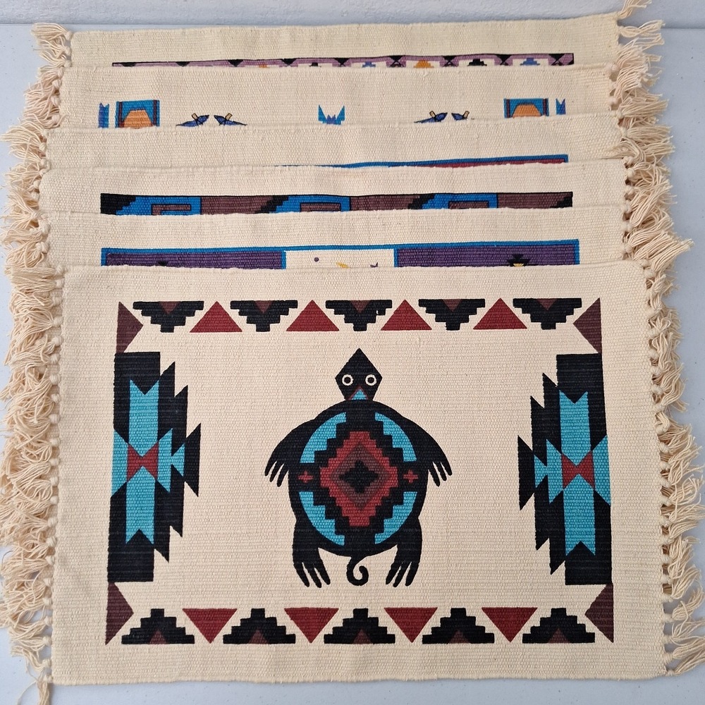Vtg El Paso Saddleblanket Co Southwestern Woven Placemats Aztez Designs, 6 pc